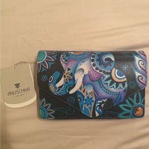 Anuschka Black Multicolor Elephant Print Leather Clutch